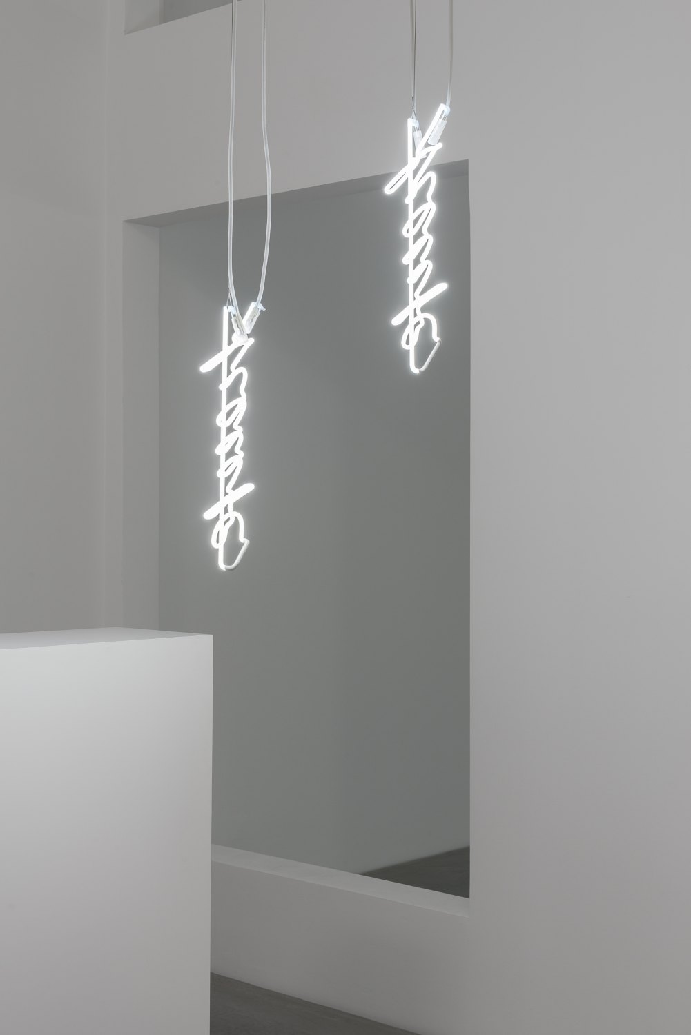 Cerith Wyn Evans 'L=U=M=E=N' After H.D., 2016 Neon (white), transformers, 1mm stainless steel cable, wire 47 x 14,5 x6 cm 