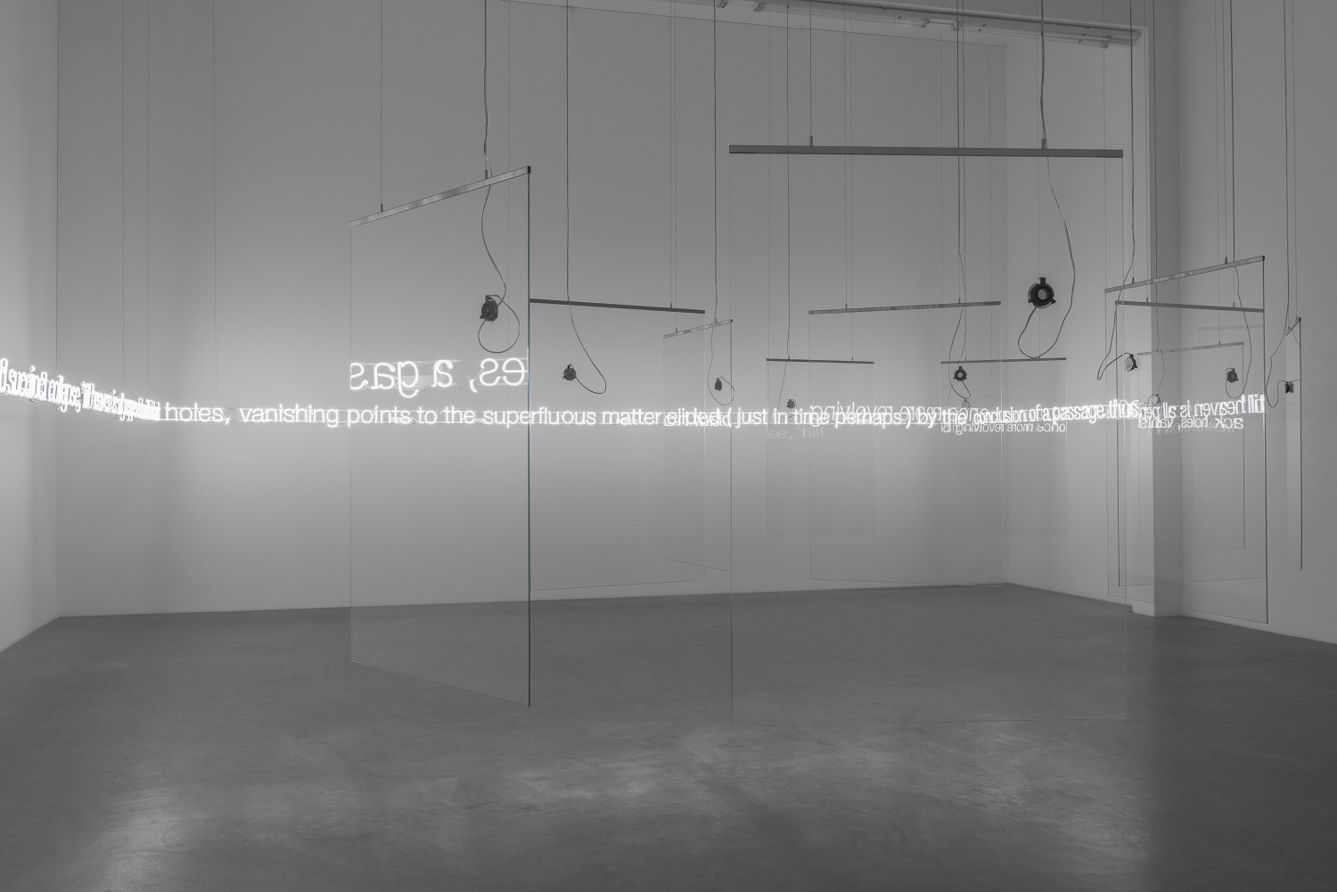 Cerith Wyn Evans  'E=L=A=P=S=E' in Glass with sound, 2016 11 pieces toughened low iron glass, 5 channel audio, 11 speakers, 3 amplifiers, 1 WavePlayer8, clear audio wire, 1mm stainless steel cable 196 x 520 x 470 cm 