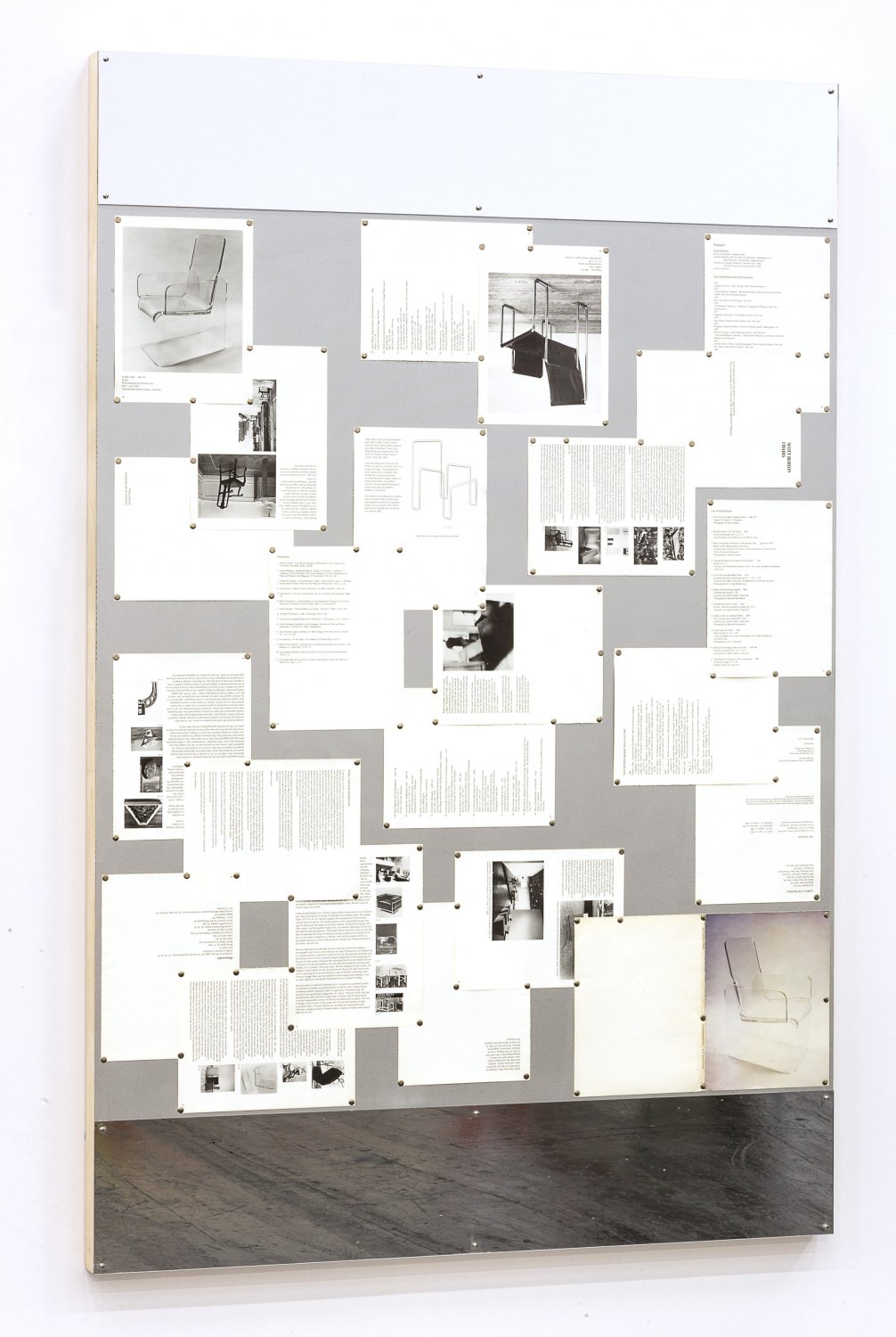 Tom Burr Circulation (In the winter of 1979), 2015 Inkjet prints on archival paper, steel push pins, mirrored plexiglas and acrylic paint on plywood panel, 183 x 120.5 x 6.5 cm