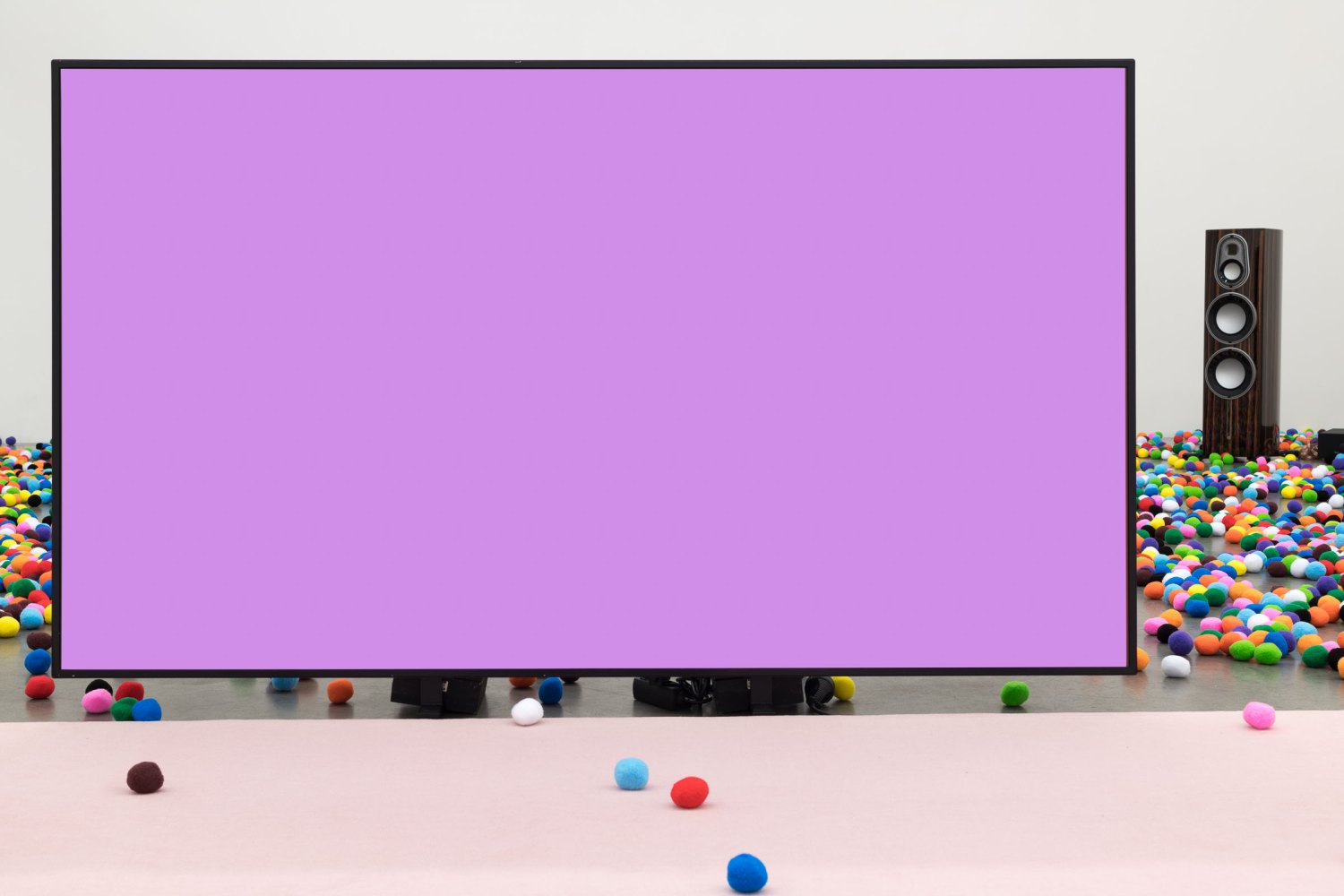 A years worth of calm soothing and restful at 15 seconds a day (According to color psychology, blueis the most calming color for the mind; pink is the most physically soothing and will leave you feelingswaddled. Green, the color of nature, is the least demanding of all the colors and is very restful on theeye), 2025 91 minute color video, rug, borrowed pillows and resting supports from various friends, peers and*supporters dimensions variable