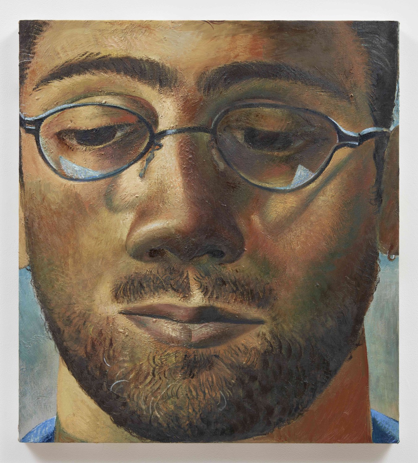Louis Fratino Large self-portrait with glasses, 2024Oil on canvas76 x 69 cm