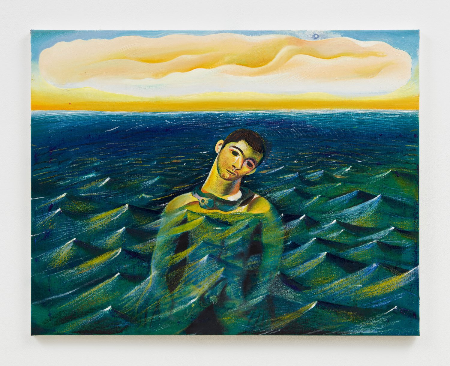 Louis Fratino Tom at Riis Beach wearing my underwear around his neck, 2019 Oil on canvas 56 x 71 cm