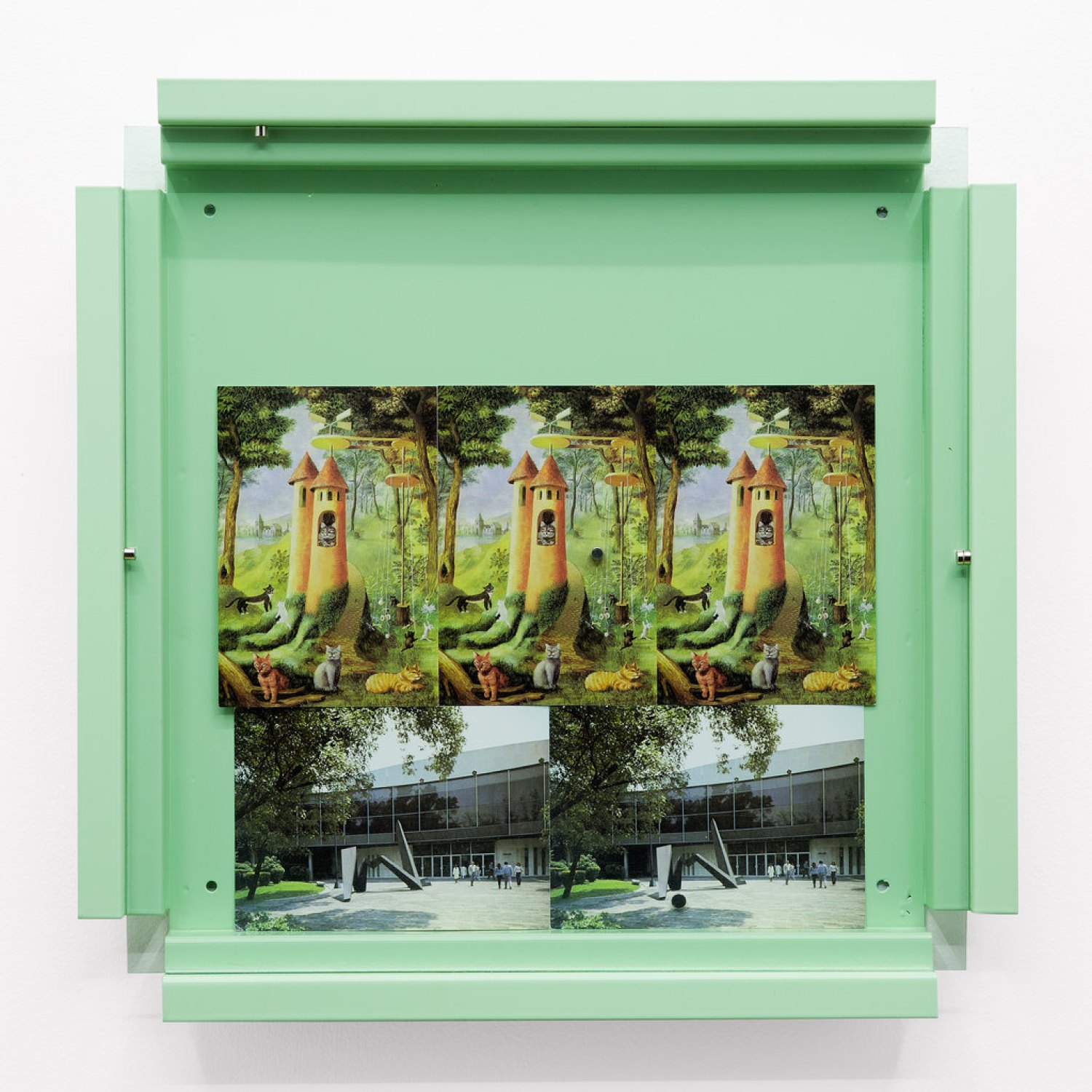 Manfred Pernice Cassette # 55, 2016 Steel, paint, paper, magnets, glass 43 x 42 x 4 cm 