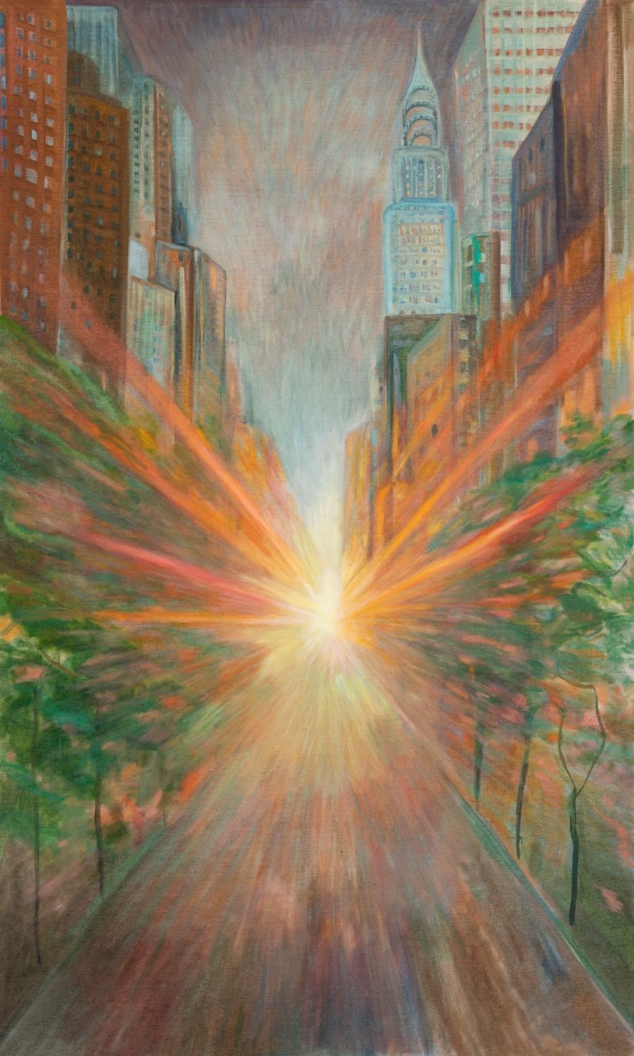 Jill Mulleady Manhattanhenge, 2022 Oil on linen 142 x 65 cm