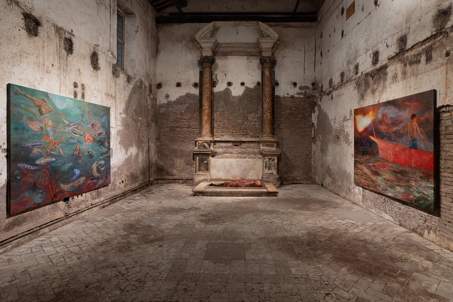 Jill Mulleady Fiamma Rossa Installation view, Sant’Andrea de Scaphis, Rome, 2024