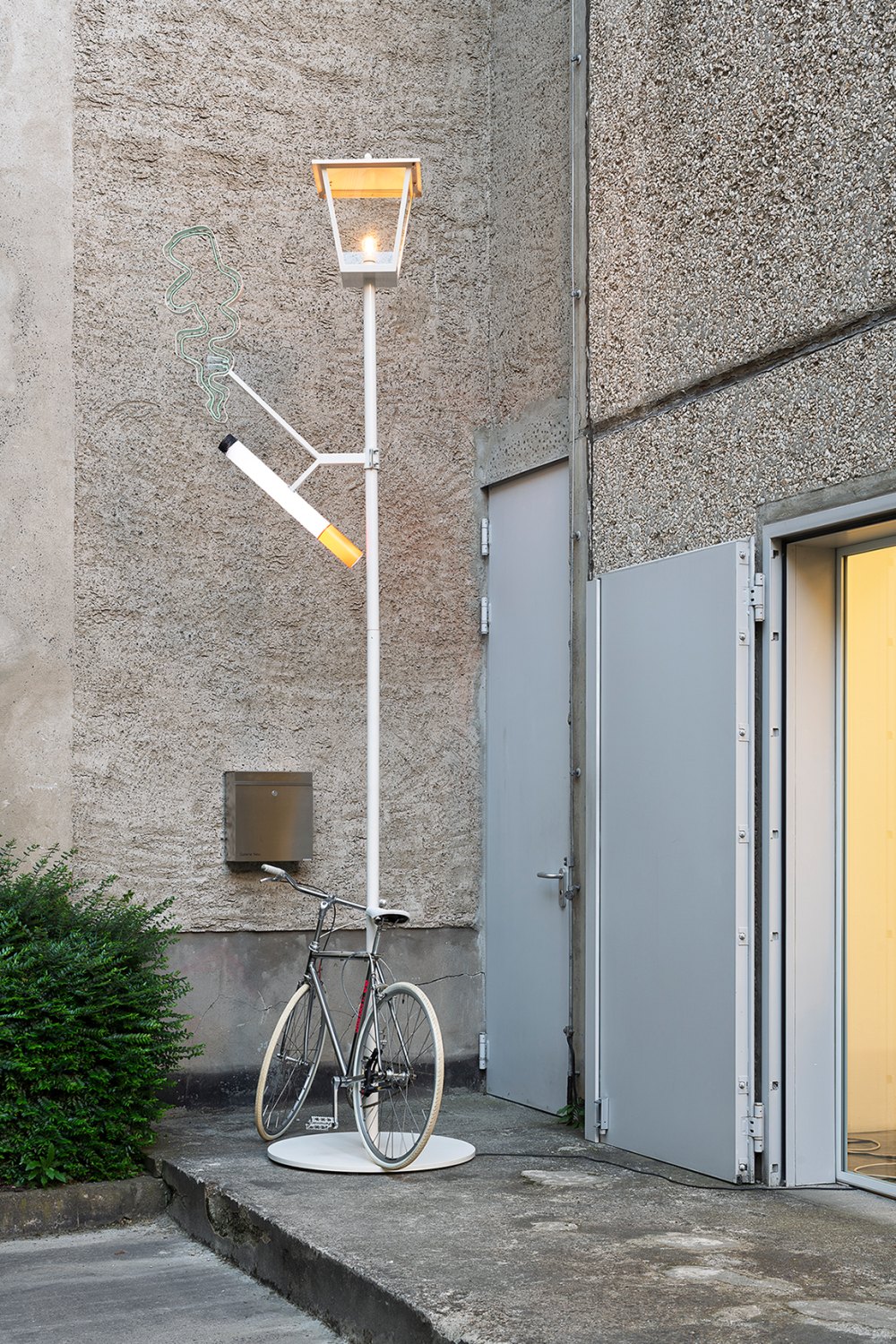Cosima von Bonin May & June 1 + Smoke (CvB & Michel Würthle), 2008-2010&nbsp; Steel, plateglass, lacquer, light bulb spruce, perspex, lacquer, neon tube,light emitting diode, bicycle, bicycle lock 410 x 140 x 90 cm 