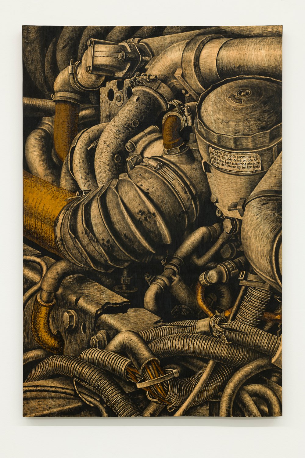 Ebi Den Things Some, 2026 Decommissioned motor oil and liquefied steel on plywood on steel frame 183 x 122 x 6 cm