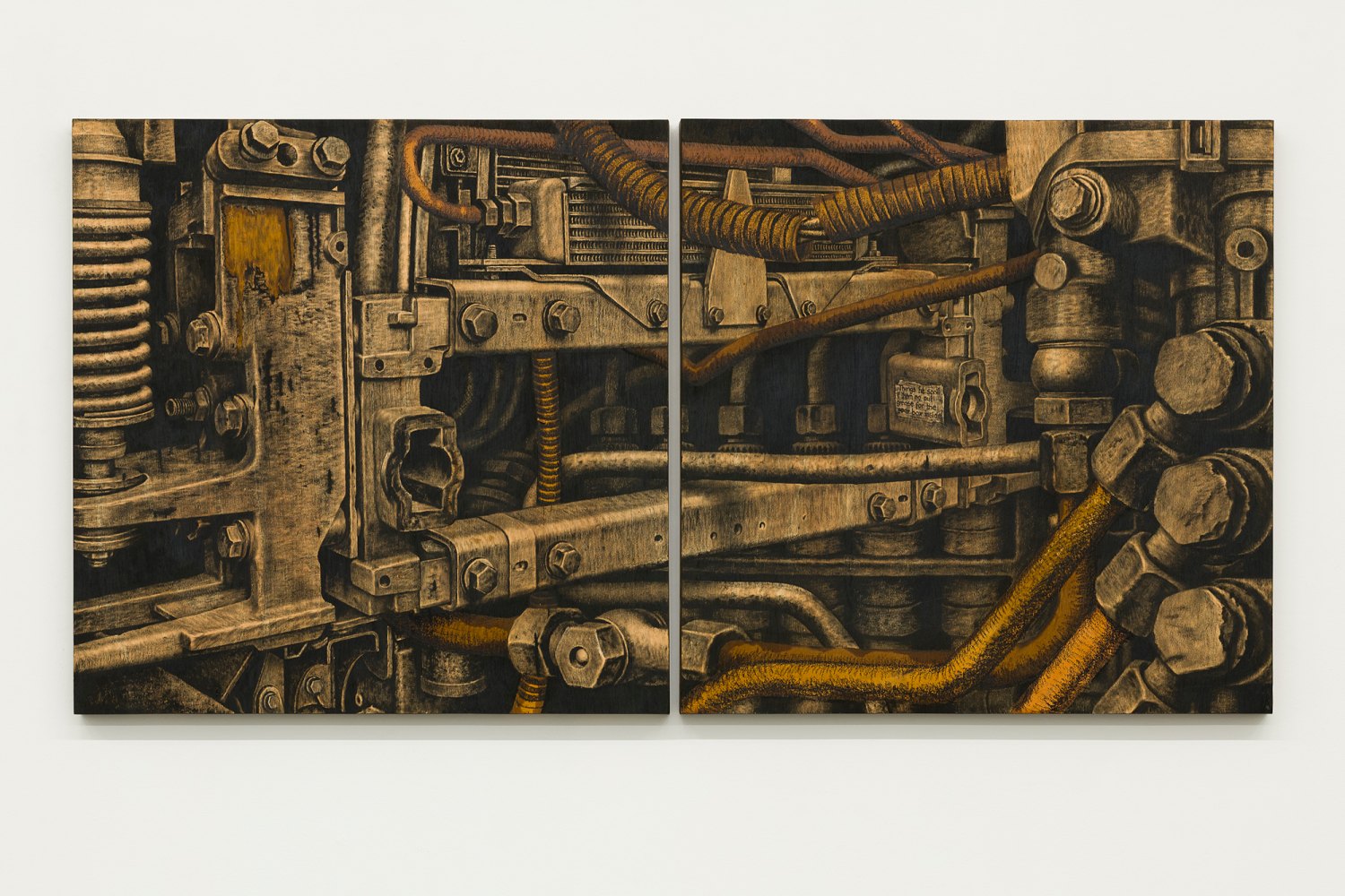 If You Pass Here, You Go See Where You Go Appear For, 2026 Decommissioned motor oil and liquefied steel on plywood on steel frame diptych, 122 x 122 x 6 cm each 