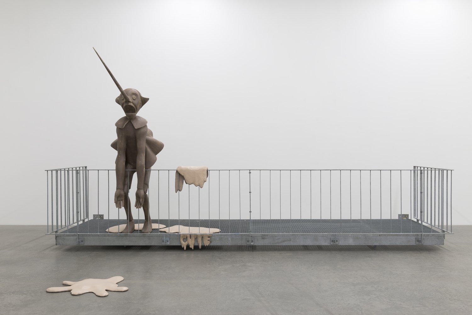 Cosima von Bonin  DER ITALIENER, 2014    Styrofoam, fibreglass, laminate, galvanized steel,  Figure: 250 × 80 cm, Balcony: 150 × 600 cm   