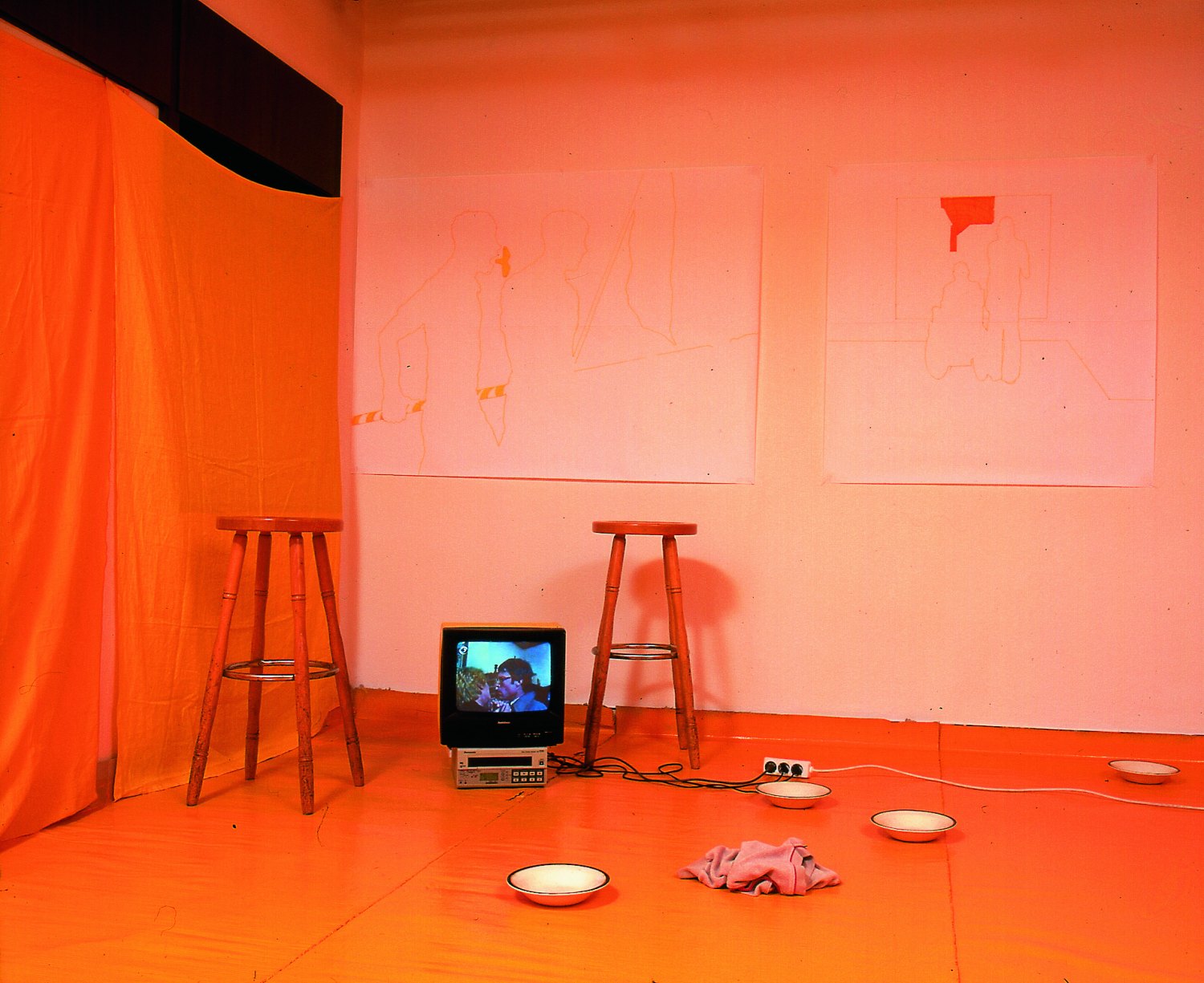 Kai Althoff REFLUX LUX, 1998 Two lifesize figures, table, plates, different jars, TV, video tape, cassette recorder, curtain, bar stool, clothes, 8 bubblejets, drawings, dimensions variable 