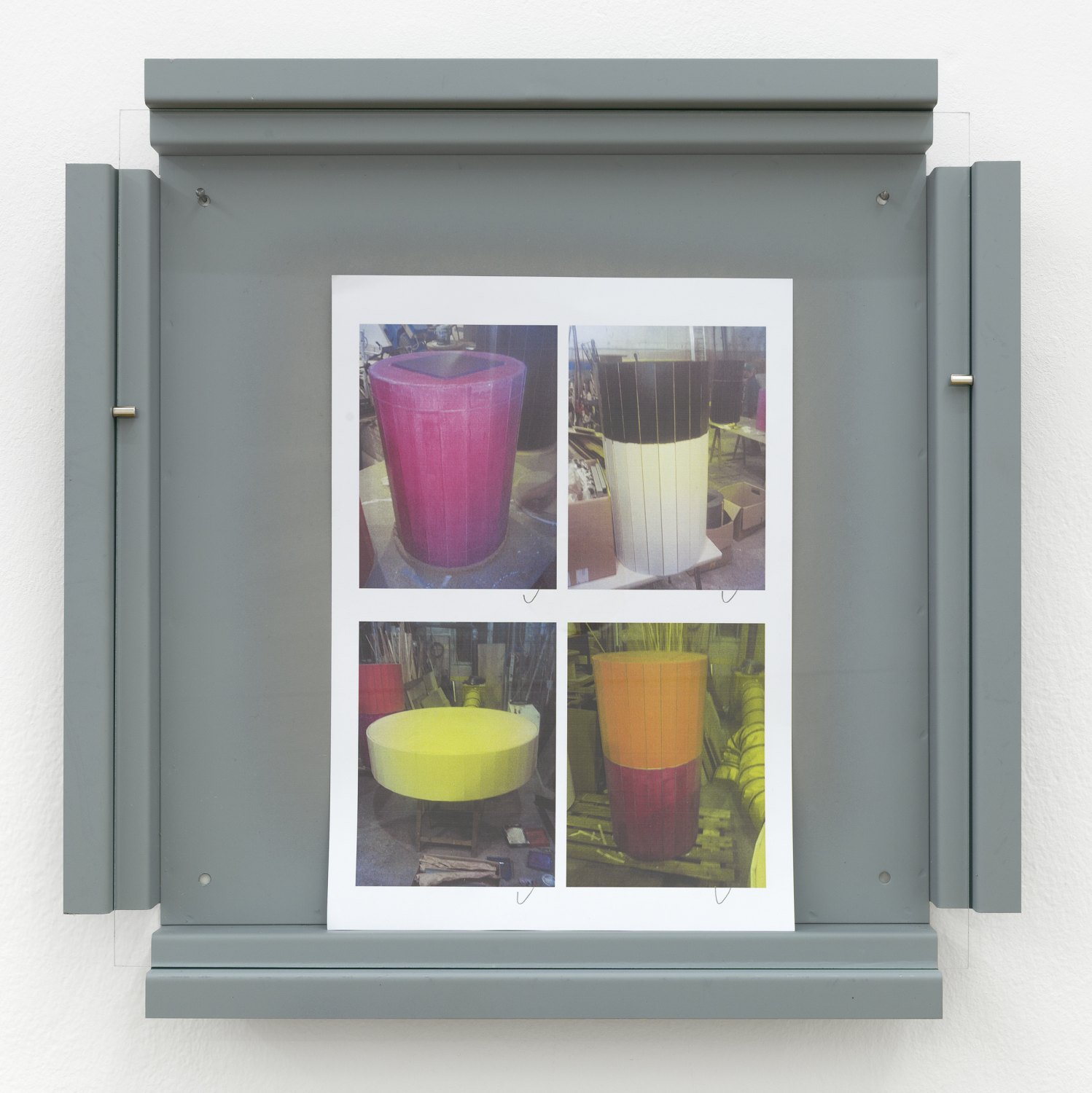 Manfred Pernice   Cassette 28, 2014    Metal, paint, glass, paper,  42.2 × 42.2 × 4.4 cm   